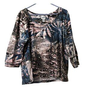 Chicos Blouse Women Size 3 Floral Hawaiian Cotton Blend 3/4‎ Sleeve Vacation